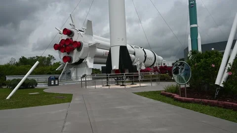 Slow slide of the rocket garden in the John F. Kennedy Space Center in Video stock 176269261