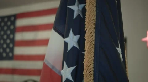 Slow Sliding shot of US Flag in foreground with larger flag in background Stock Footage 57222153