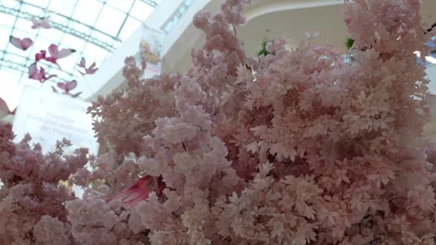 Slow smooth camera move across pink floral decoration with butterfly elements in Video stock 331929317