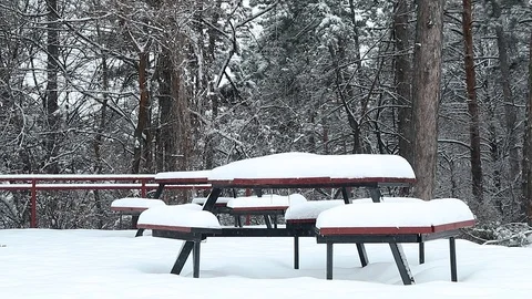 Slow snowfall over bench in the park Stock Footage 85701054