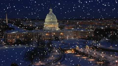 Slow snowfall over washington d.c. town at night Stock Footage 122343036