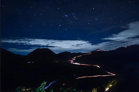 Slow speed in the mountain at midnight Stock Photos