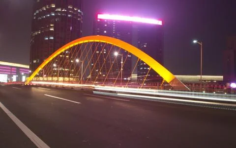 Slow Speed Shutter with the modern bridge in Tianjin City.Travel in Tianjin,  Stock Photos