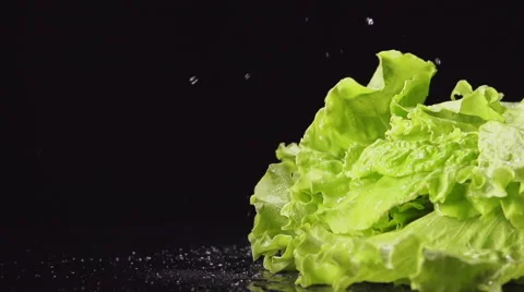 SLOW: Splash - A lettuce bunch falls on a black table Stock Footage 64416822