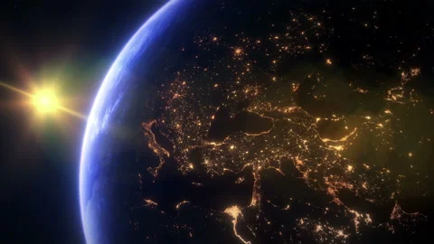 Slow Sunset Over Europe. The Earth Seen From Space. Stock Footage