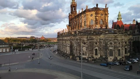 Slow sunset push toward Semperoper facade and rooftop statues Stock Footage 331216531