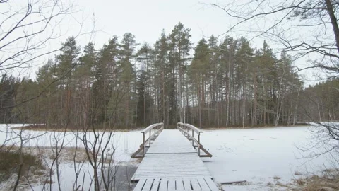 Slow tacking shot over a snowy frozen wooden bridge Stock Footage 146277217