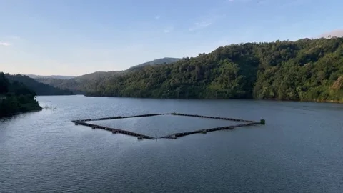 Slow Tilt Up of Floating Fish Cages on Titab Dam Reservoir in Bali Stock Footage 335507278