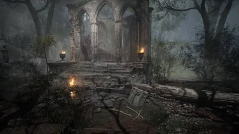 Slow Tracking Shot Past Firelit Gothic Ruins in a Foggy Forest Stock Footage 340958422