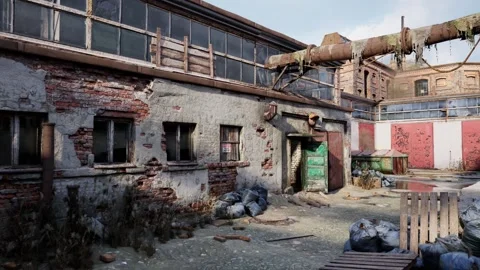 Slow Tracking Through Abandoned Factory Courtyard with Industrial Decay Stock Footage 342105601