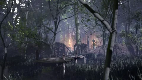 Slow translating long shot over a marsh and an old collapsed boardwalk to a Stock Footage 338197546
