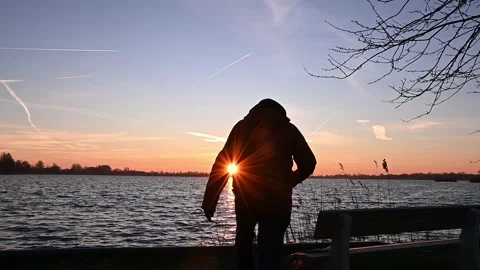 A slow walk to a bench to view a perfect sunrise in nature Stock Footage 232575178