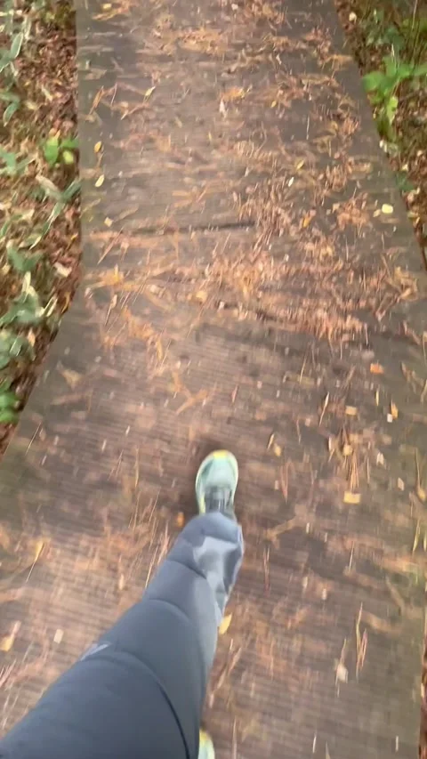 Slow Walking Feet on Forest Deck Trail Vertical Vídeos de archivo 331945259