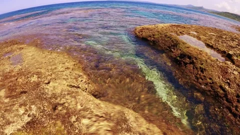 Slow walking moving camera view look out to blue ocean sea horizon at coral reef Stock Footage 312346987
