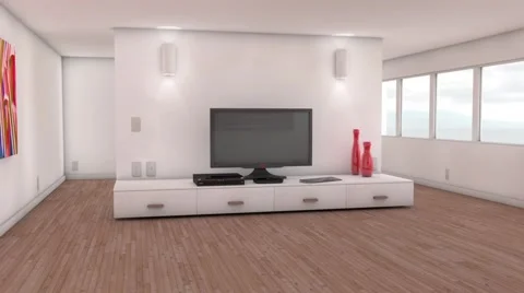 Slow wide camera move in modern loft with TV in background Stock Footage 62356093