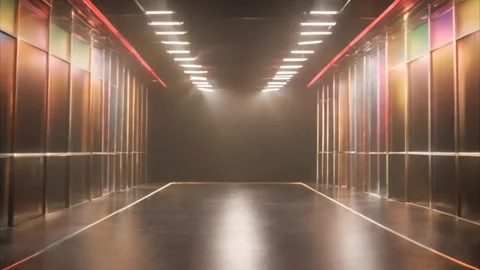 Slow zoom in on an empty corridor with glowing lights surrounding colorful,.. Vídeos de archivo 273954526