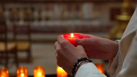 Slow Zoom on Hands Holding Devotional Candle, Royal Chapel Versailles Stock Footage 337054252