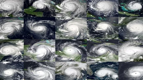 Slow zoom out of All Category 5 Atlantic hurricanes 1979 to 2023 Stock-Footage 236451055