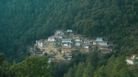 Slow Zoom Toward Dodedrak Monastery in the Mountains of Bhutan Stock Footage 342141904