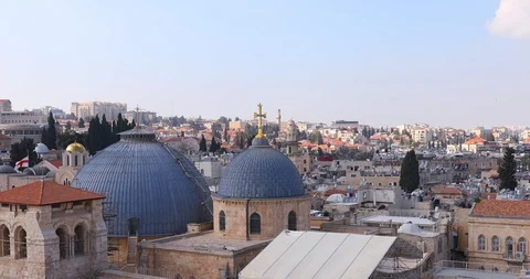 Slow zooming out from two domes of Church of the Holy Sepulchre Stock Footage 105898662