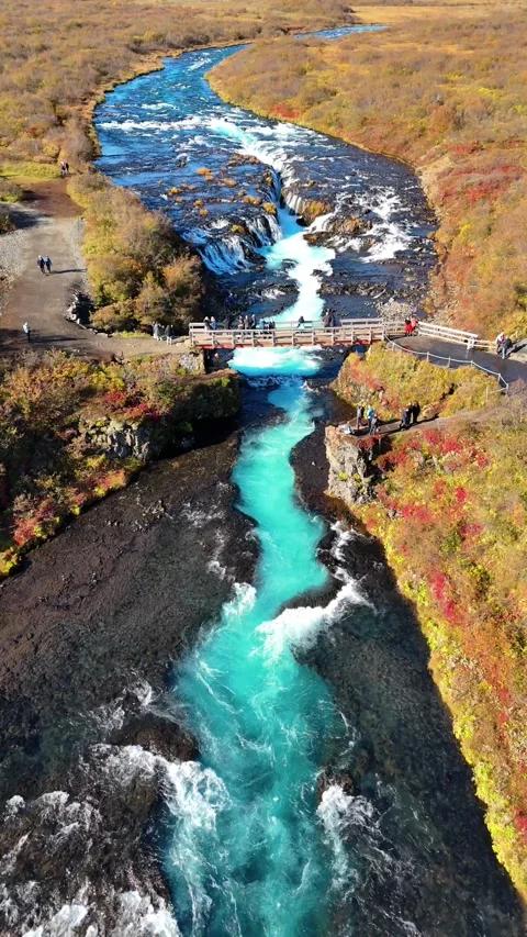 Slowly Advancing Over Brúarfoss and Turquoise River in Iceland Stock Footage 342271465