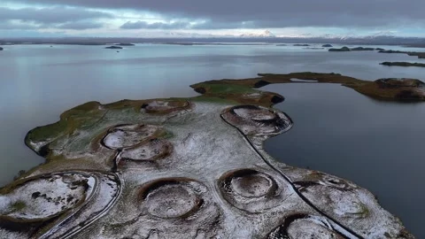 Slowly Advancing Over Skútustaðagígar Pseudocraters in Iceland Video stock 342269625