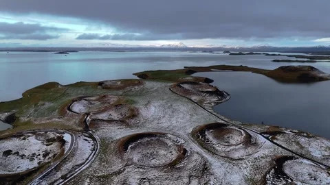 Slowly Advancing Over Skútustaðagígar Pseudocraters in Iceland Video stock 342269635