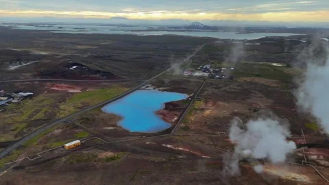 Slowly Advancing Over Turquoise Geothermal Pools in Iceland Stock Footage 342269464