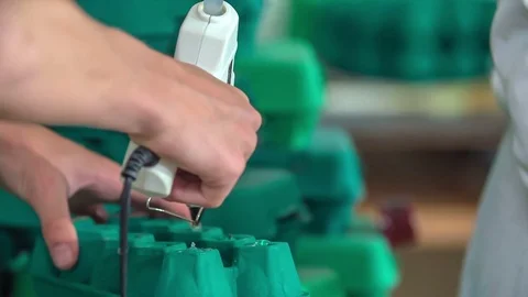 Slowly applying glue on green egg cartons Stock Footage 77677146