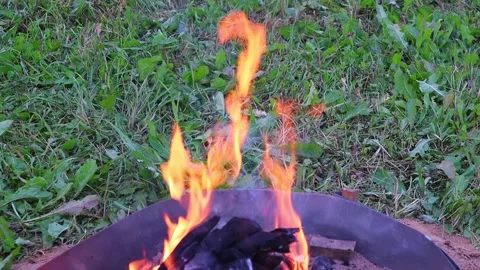 Slowly burning bonfire on a background of green grass. Slow motion Vidéo 142195475