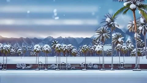 Slowly falling snow on the background of covered trees, mountains, houses. .. Stock Footage 255897731