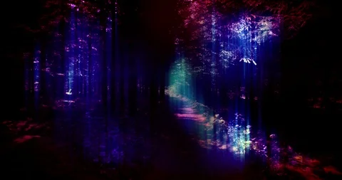 Slowly floating through dark psychedelic forest, surreal blue red glow Stock-Footage 99579806