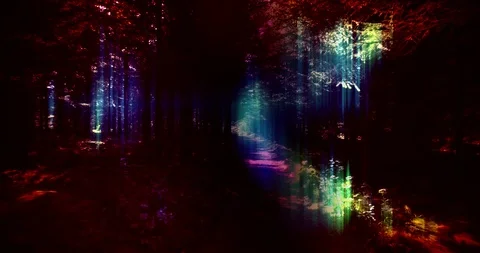 Slowly floating through enchanted psychedelic forest, surreal red glow Stock-Footage 99579756