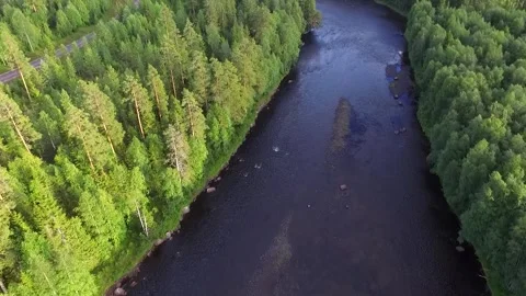 Slowly flying over a blue river surrounded by green trees with sunshine, DJI Stock Footage 303989082