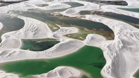 Slowly Moving Over Interwoven Lagoons and White Dunes in Lençóis Maranhenses Video stock 342442596