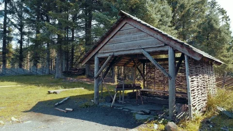 Slowly moving on the paths inside the ancient Viking settlement. POV shot Stock Footage 87564118