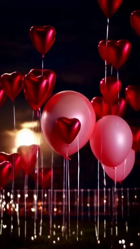 Slowly moving red balloons in the shape of hearts and pink against the nigh.. Stock Footage 263798170