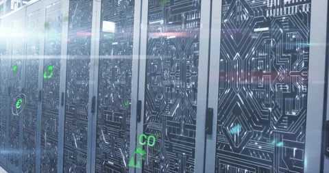 Slowly panning across server cabinets displaying green energy icons emphasizing Stock Footage 310642647