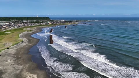 Slowly Pulling Back Along Kujukuri Beach Coastline in Chiba Stock Footage 342263098