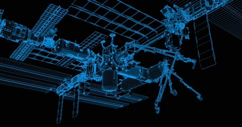Slowly rotating 3D schematic wireframe of the ISS, looking upward Stock Footage 150812718