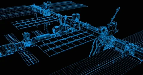 Slowly rotating 3D schematic wireframe of the ISS, looking downward Stock Footage 150812742
