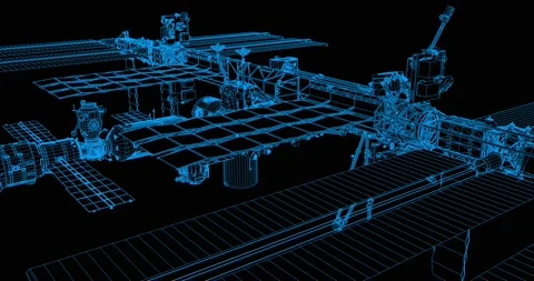 Slowly rotating 3D schematic wireframe of the ISS. Camera tracks ISS from a tilt Video stock 151930449
