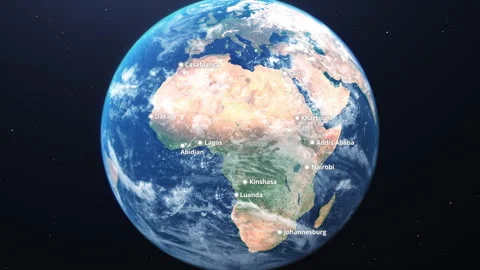 Slowly rotation of Earth as seen from space showing Africa. Cities highlighted. Stock Footage 275933720