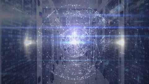 Slowly tracking server aisle, code streams emerging as hologram sphere pulsating Stock Footage 311231769