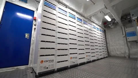 Slowly Zoom out Inside Battery system room on Electric ship - eco friendly Stock Footage 148510108
