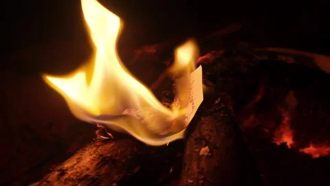Slowmo closeup of a piece of paper burning in a campfire Stock Footage 241007432