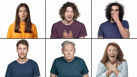 Slowmo multiscreen collage of amazed people reacting to surprise. Multi-ethnic Video stock 125506132