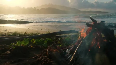 Slowmo of waves breaking in the sunset with a beach fire Video stock 241011886