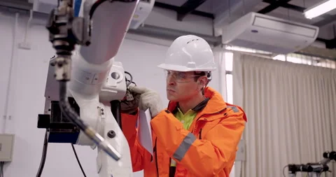 Slowmotion close up of engineer examining robotic welding equipment while Stock Footage 314303508