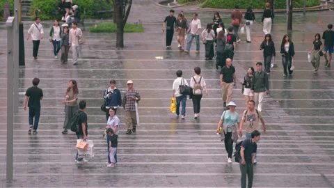 Slowmotion of commuters walking across wet plaza with umbrellas in Fukuoka Japan Stock Footage 322182248